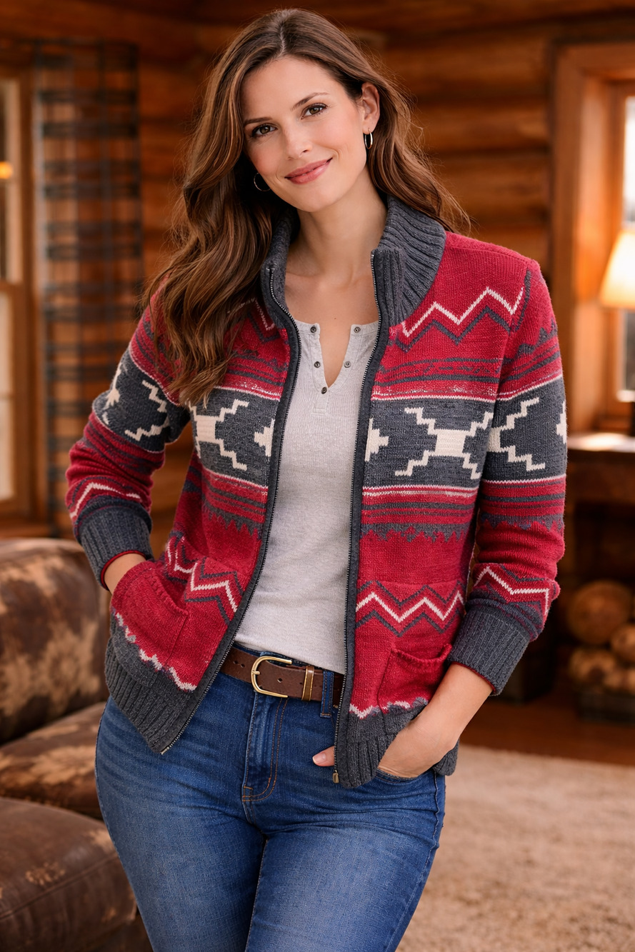 Chaps Sweater Size S Womens Zipper Cardigan Indian Aztec Tribal Red